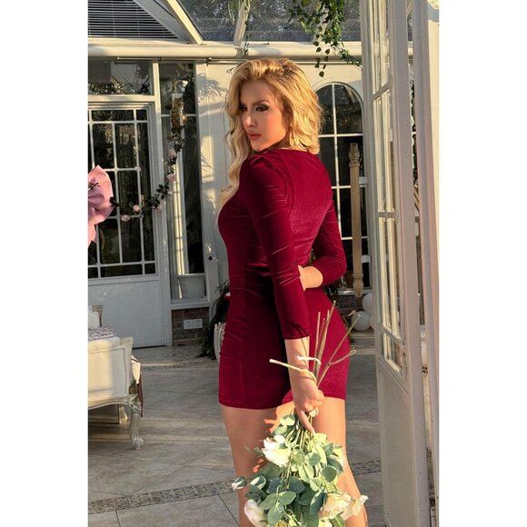 Women's Velvet Long Sleeve Wine Red Body con Mini Party Dress Elegant and Sexy - Picture 5 of 7